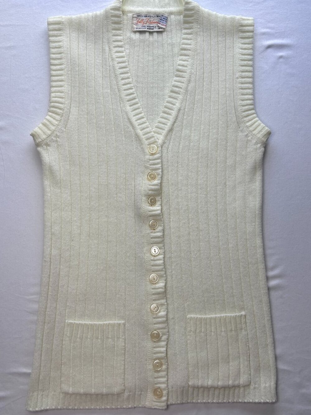 Vintage 70s Cream Longline Sweater Vest Button Front Small